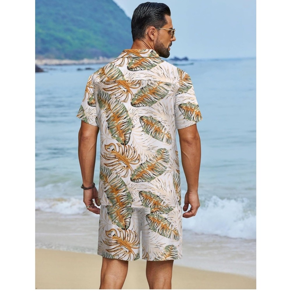 NWT Men's LG Hawaiian Summer Beach 2 Piece Button Down Shirt & Shorts Vacation - Picture 2 of 12